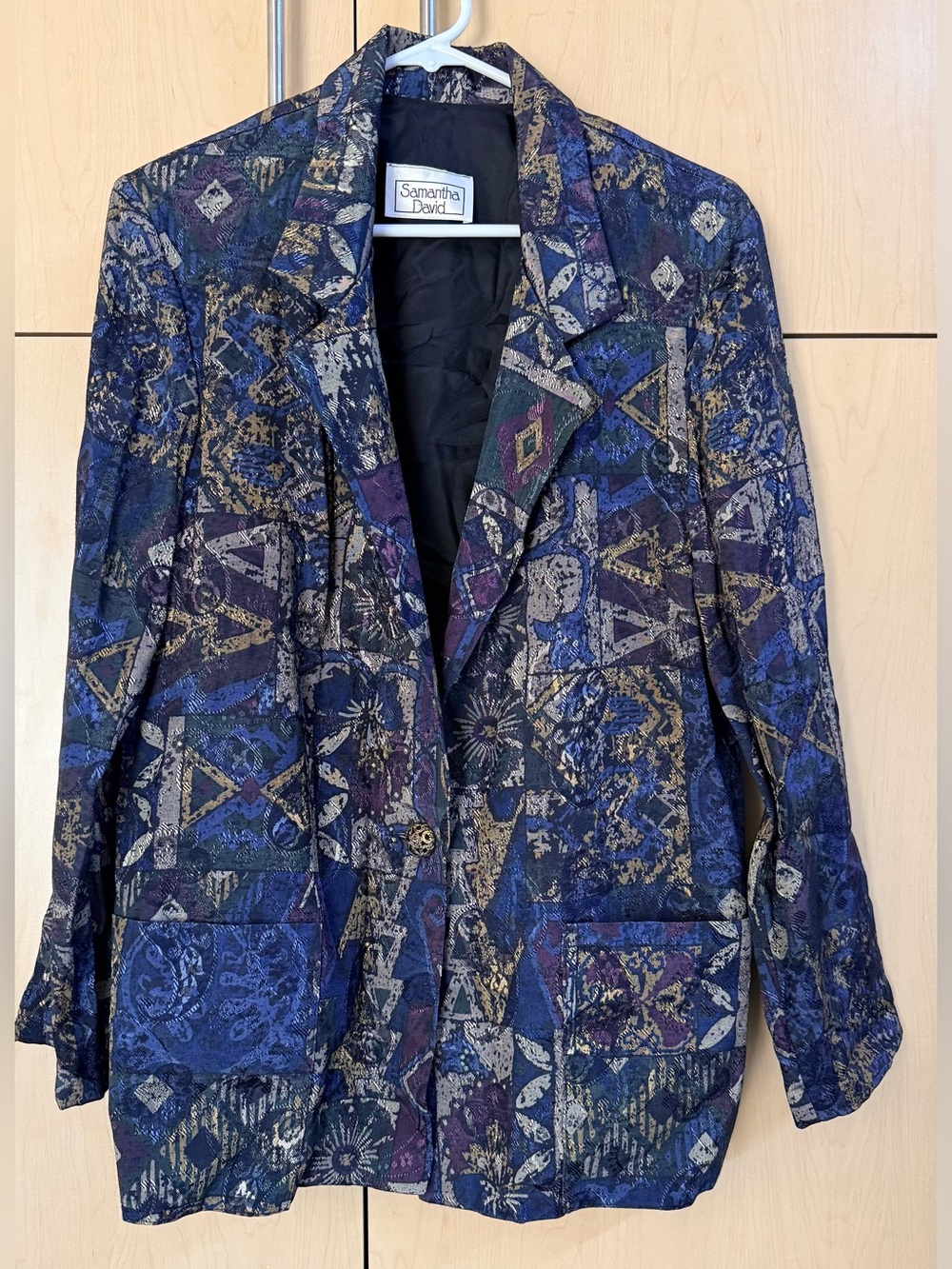 SAMANTHA DAVID Vintage Women’s Patterned Blazer Jacket in Navy, Purple & Green.